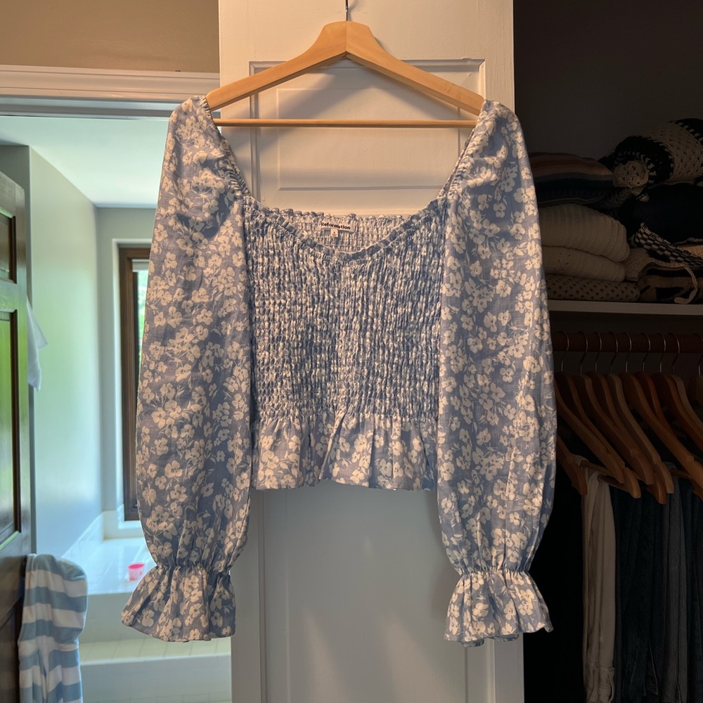 Reformation Blue Floral Smocked Blouse